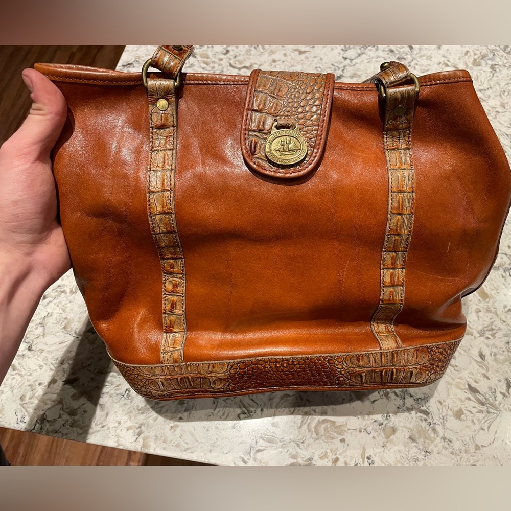 Vintage BRAHMIN Black/Brown Croc Embossed Leather Satchel Shoulder Bag